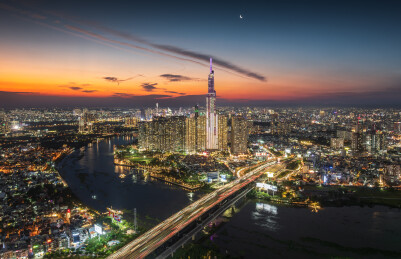 越南胡志明市城市高楼天际线夜景风光航拍