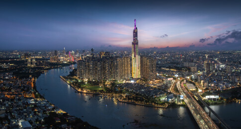 越南胡志明市城市高楼天际线夜景风光航拍
