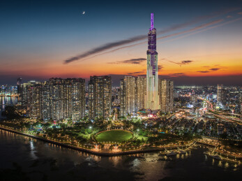 越南胡志明市城市高楼天际线夜景风光航拍