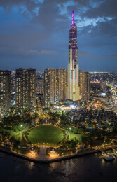 越南胡志明市城市高楼天际线夜景风光航拍