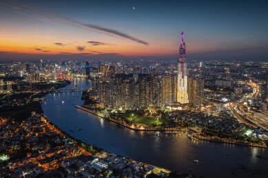 越南胡志明市城市高楼天际线夜景风光航拍