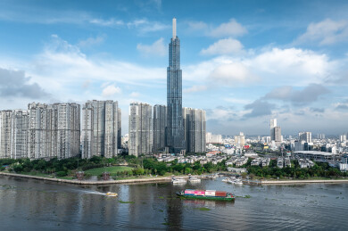 越南胡志明市城市高楼天际线风光航拍