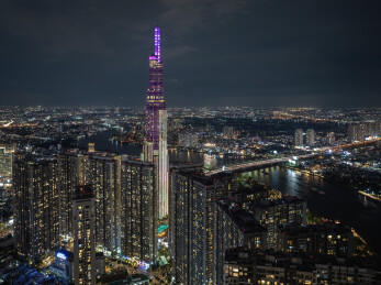 越南胡志明市城市高楼天际线夜景风光航拍