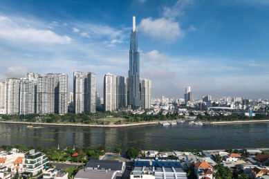 越南胡志明市城市西贡河天际线风光航拍