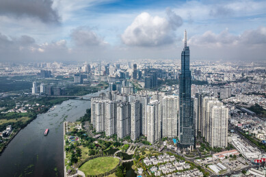 越南胡志明市城市西贡河天际线风光航拍