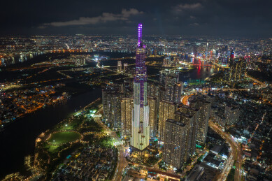 越南胡志明市城市高楼天际线夜景风光航拍