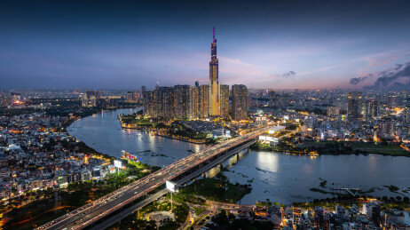 越南胡志明市城市高楼天际线夜景风光航拍