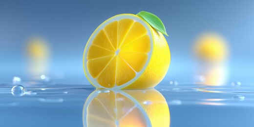 清新凉爽水面的一棵柠檬3D卡通立体插画