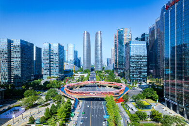 成都高新区金融城双塔和交子之环白昼航拍