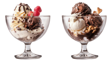 美味的巧克力和香草冰淇淋圣代