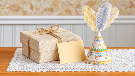 礼物盒和派对帽放在桌布上