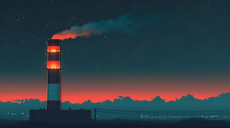 夜幕中灯火映照的火电厂烟囱