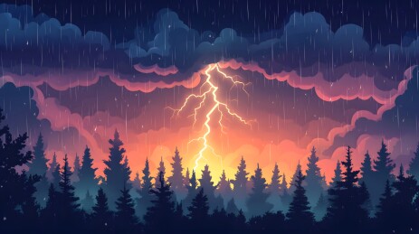 闪电划破乌云照亮雨林