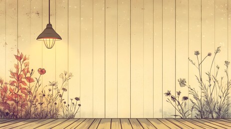 木质墙面上复古挂钩与温暖壁灯下的干花