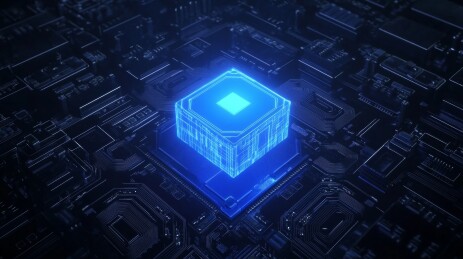 蓝色光影下的AI芯片