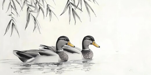 水墨双鸭自然场景