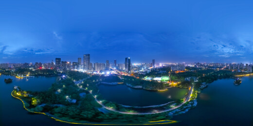 中国山东省日照市夜晚VR全景高楼大厦建筑