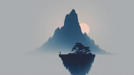 雾中孤峰倒影