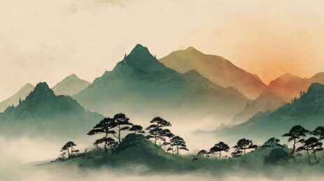 水墨山峦晨曦图