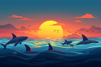 夕阳余晖下的金色鲨鱼群