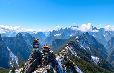 山顶古建与壮丽山脉