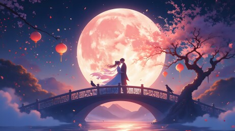 月夜桥上浪漫邂逅