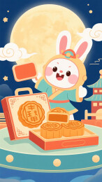 中秋节海报国风插画玉兔在月宫卖月饼