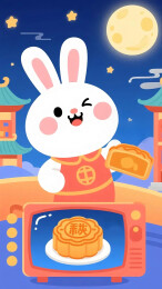 中秋节海报国风插画玉兔在月宫卖月饼