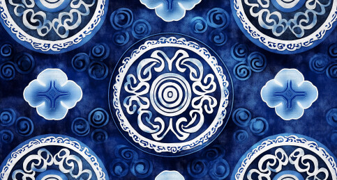蓝色底传统青花瓷图案重复纹理背景