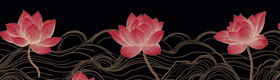 黑底金线红荷波纹传统装饰图案素材