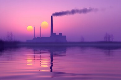 夕阳余晖中的工厂烟囱剪影