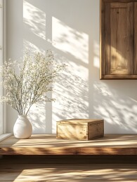 木质桌面上的精美木盒与干花