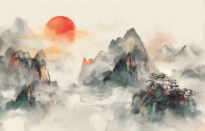 水墨山河夕阳图
