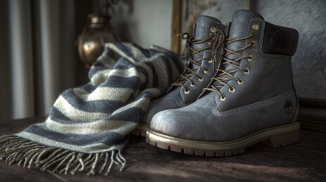 老旧靴子与围巾的静物写生