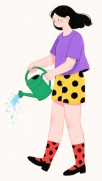 女孩手持喷壶浇水插画