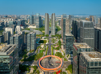 中国四川成都金融城双子塔建筑航拍图