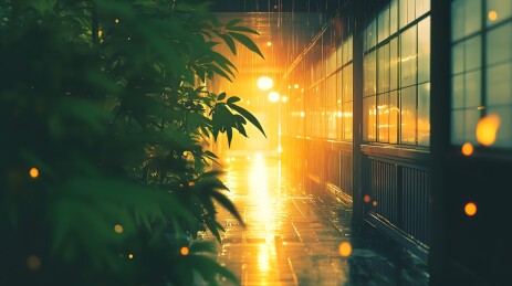夜晚灯光下的地下通道入口