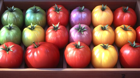 农贸市场上整齐摆放的鲜艳西红柿