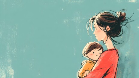 母亲怀抱婴儿眺望远方