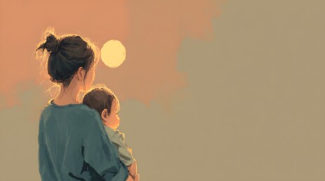温柔母亲黄昏怀抱婴儿