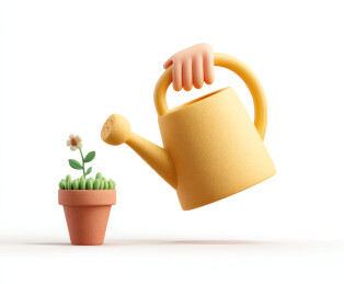 一只卡通手正给盆栽浇水