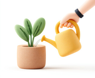 一只卡通手正给盆栽浇水