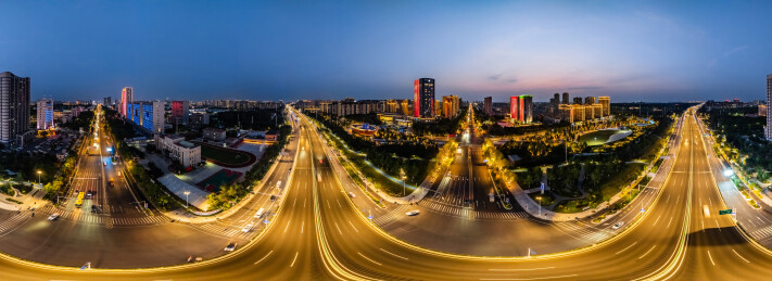 中国江苏省宿迁市夜晚VR全景城区高楼建筑