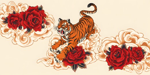 虎与玫瑰花纹