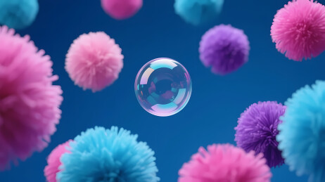 透明肥皂泡毛绒球环绕