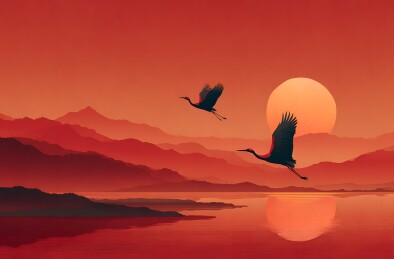 夕阳红鹤山峦图