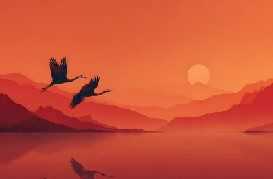 夕阳红鹤山峦图