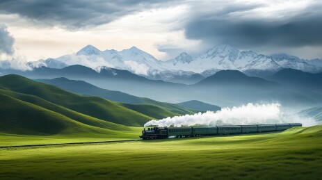 蒸汽火车穿越绿色草原