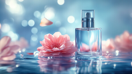 放在桌子上的粉色浴盐和精油