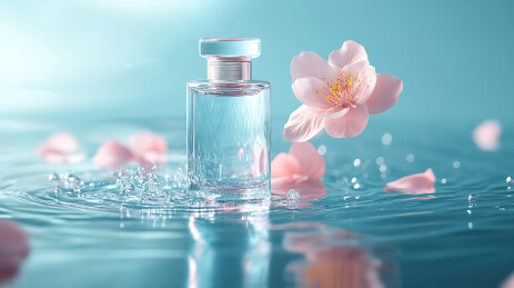 放在桌子上的粉色浴盐和精油